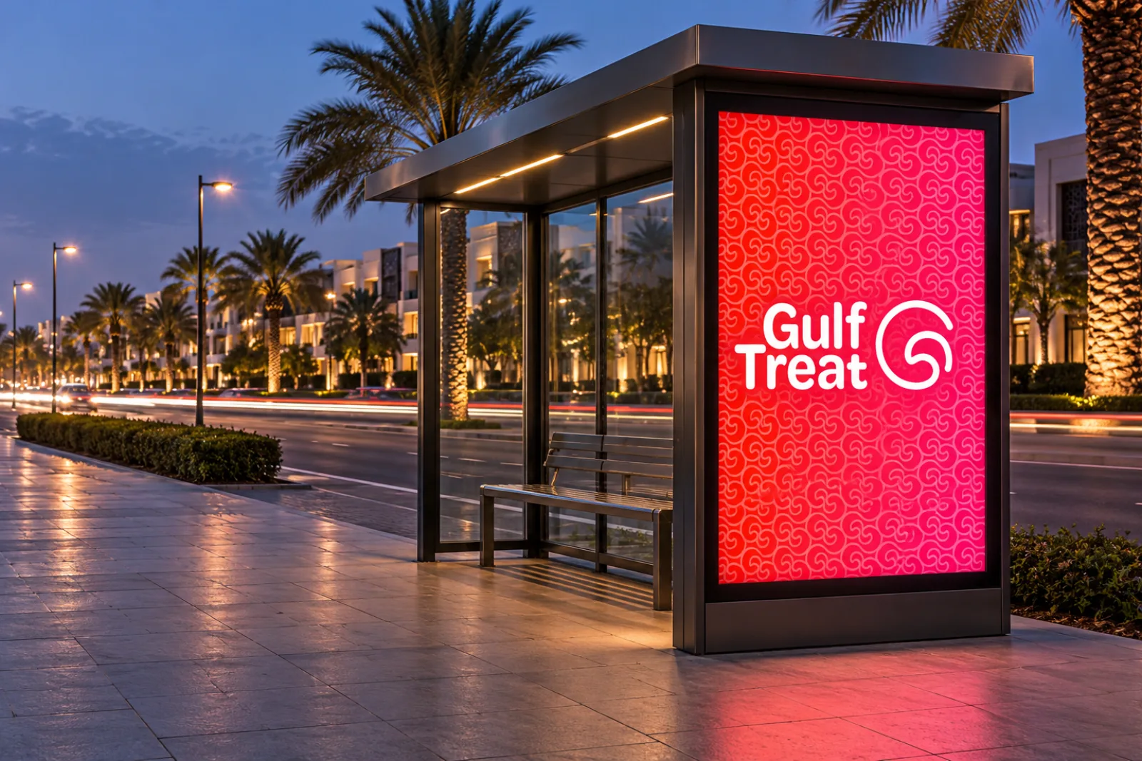 A bus shelter at blue hour with a backlit Gulf Treat poster