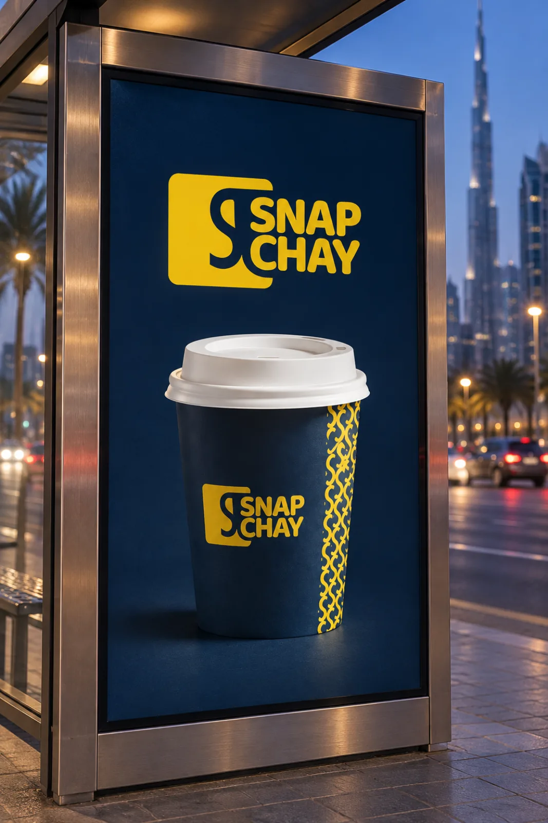 A close view of a backlit Snap Chay poster in a bus shelter