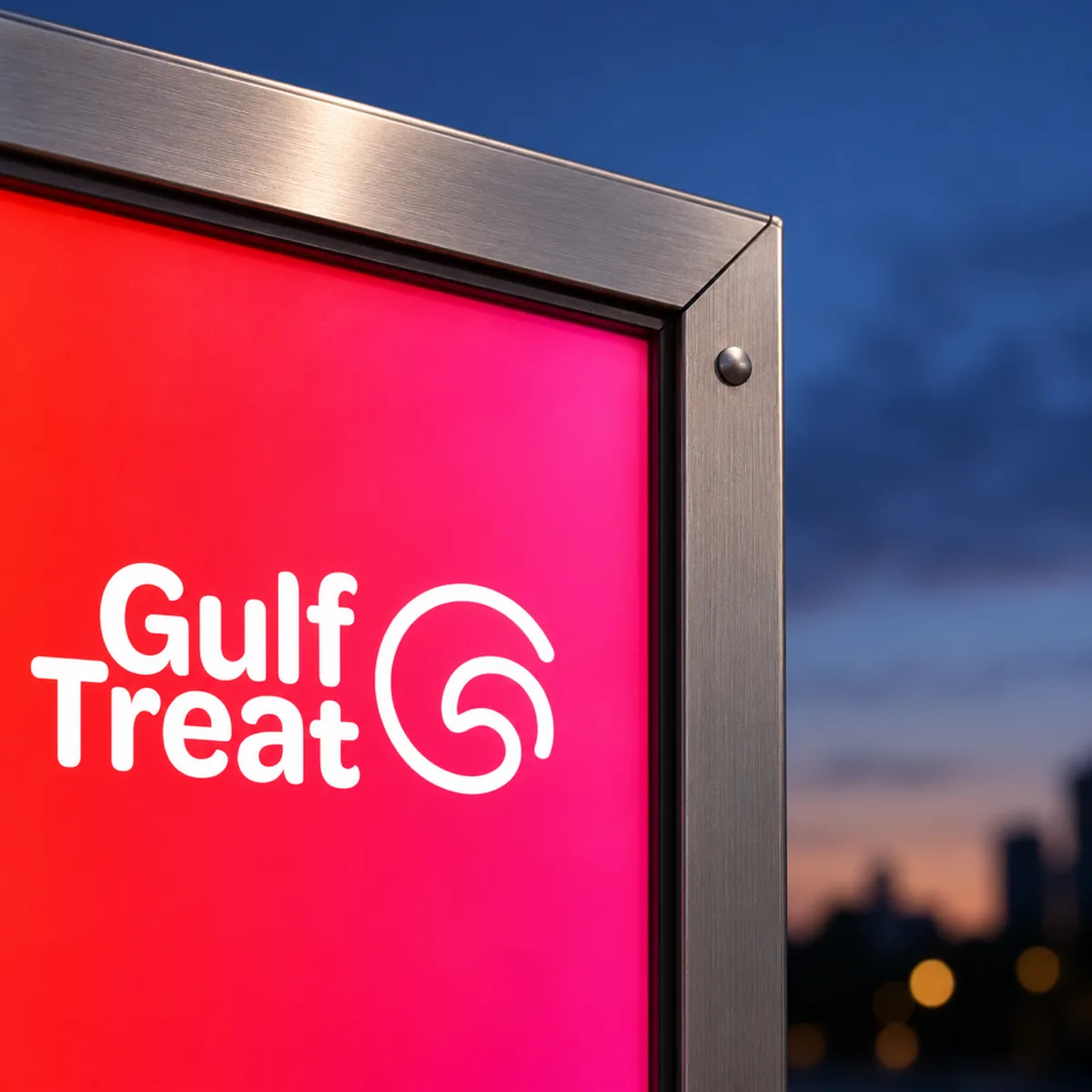 The metal frame of a bus shelter with a backlit Gulf Treat poster at blue hour
