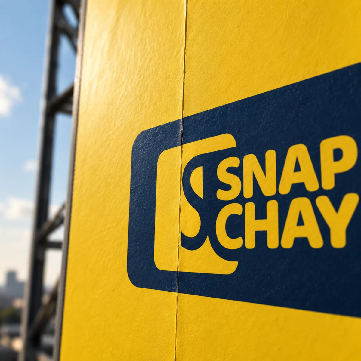 The yellow Snap Chay billboard poster with its pasted paper seam beside a steel gantry