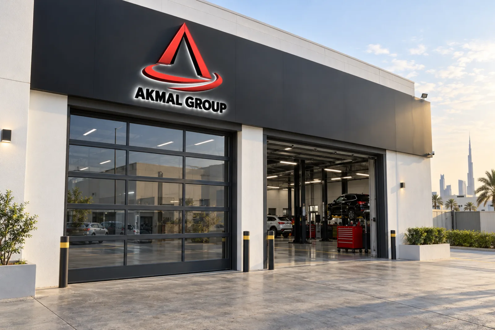 An Akmal Group service centre facade with an illuminated logo on a black fascia