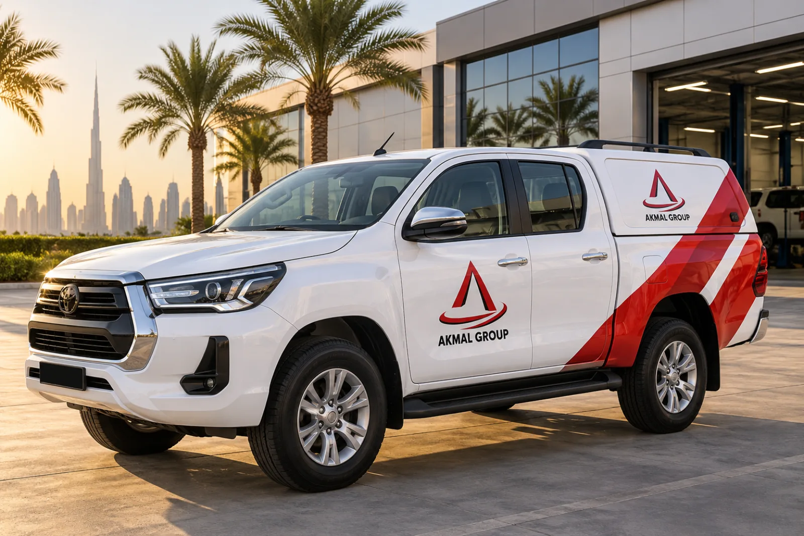 A white Akmal Group service pickup with a red and black livery outside a workshop