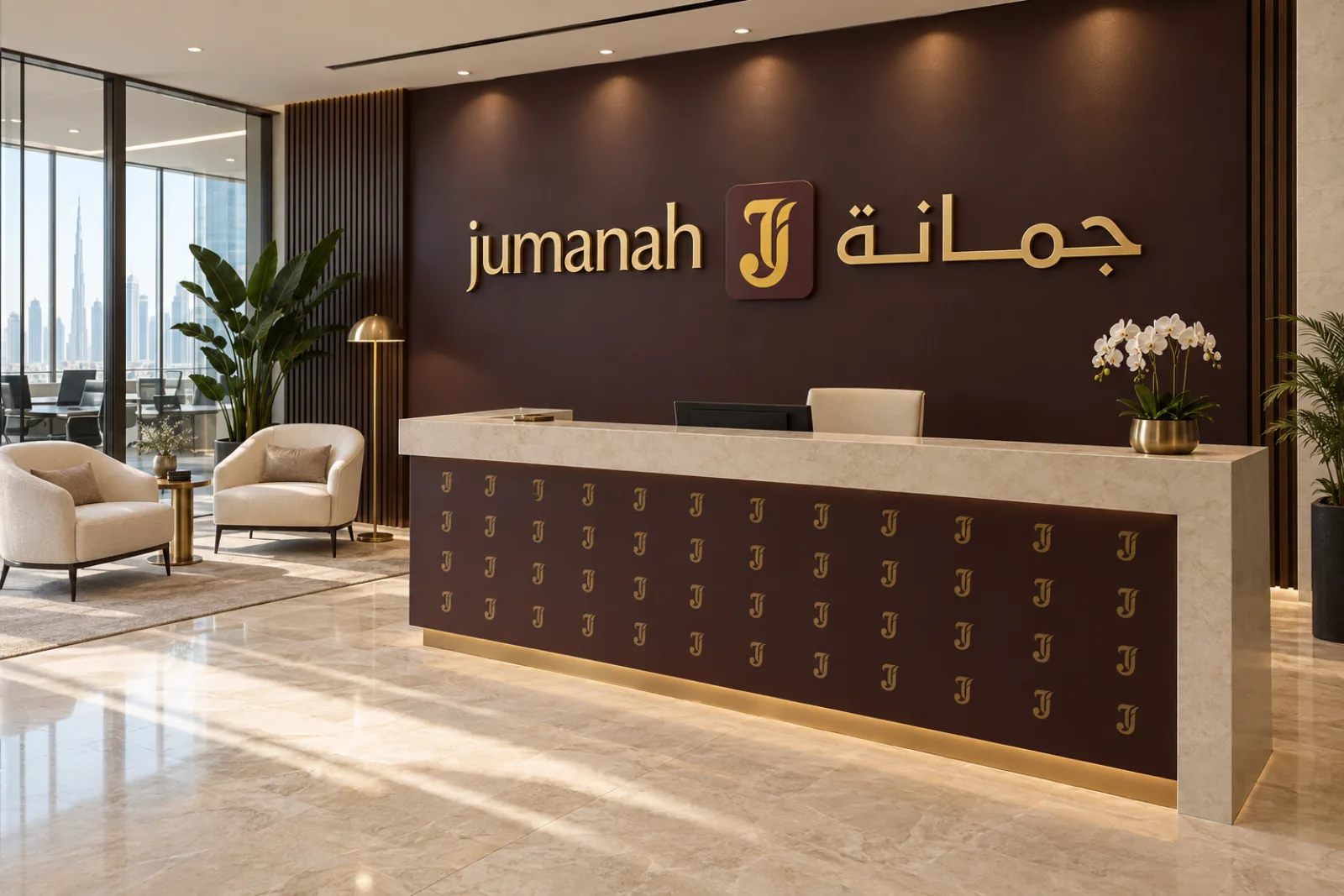 A Jumanah Foods reception with a gold logo on an aubergine wall and a patterned desk