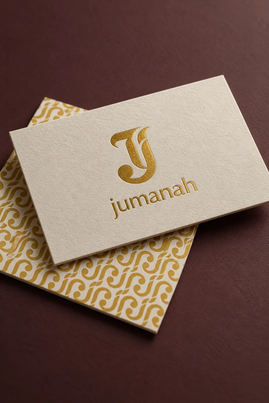 A Jumanah Foods business card with a gold foil monogram over a patterned card