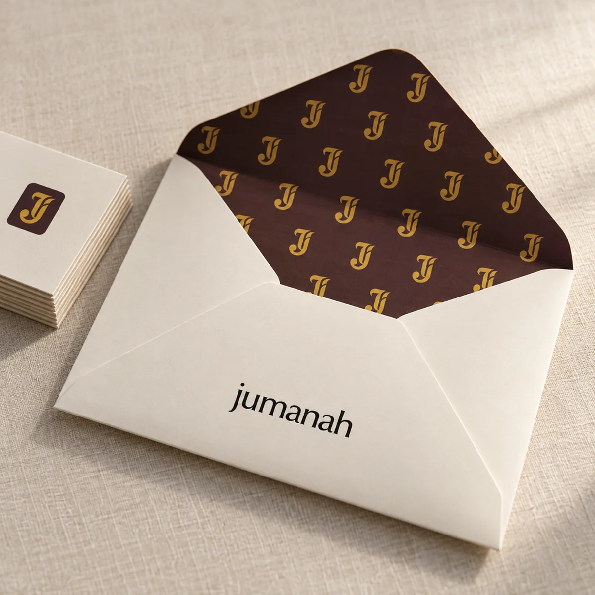 A Jumanah Foods envelope opened to its gold monogram lining beside a stack of business cards