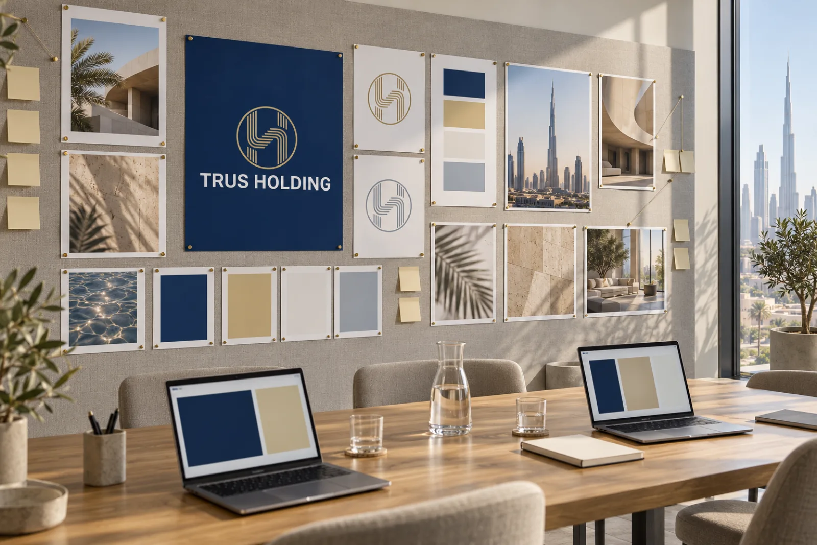 A strategy room with Trus Holding boards and blank notes pinned along a wall