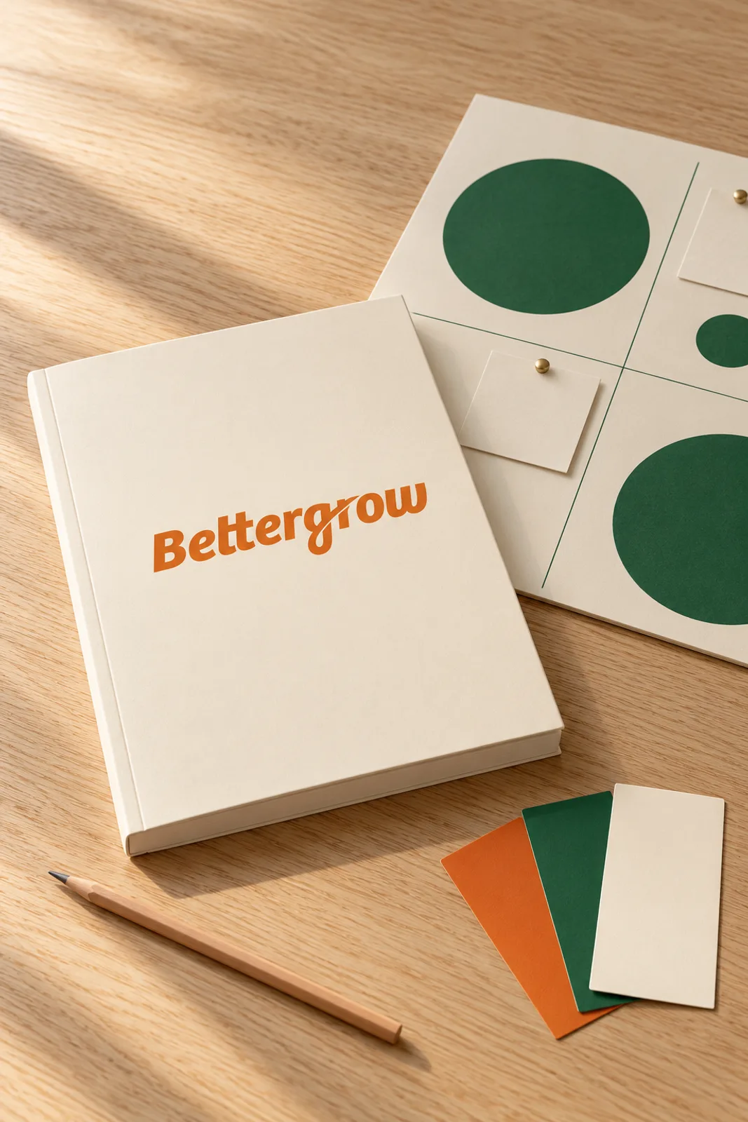 A cream strategy book with the orange Bettergrow wordmark beside a positioning board and orange, green and cream swatches on an oak table