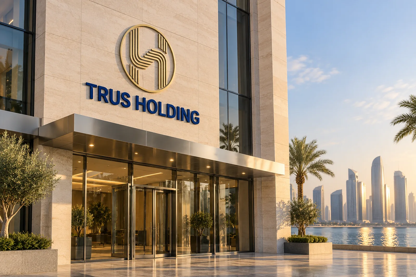 The Trus Holding gold emblem and navy lettering on the limestone and glass entrance of a corporate tower, with a calm waterfront skyline behind in the late afternoon light.
