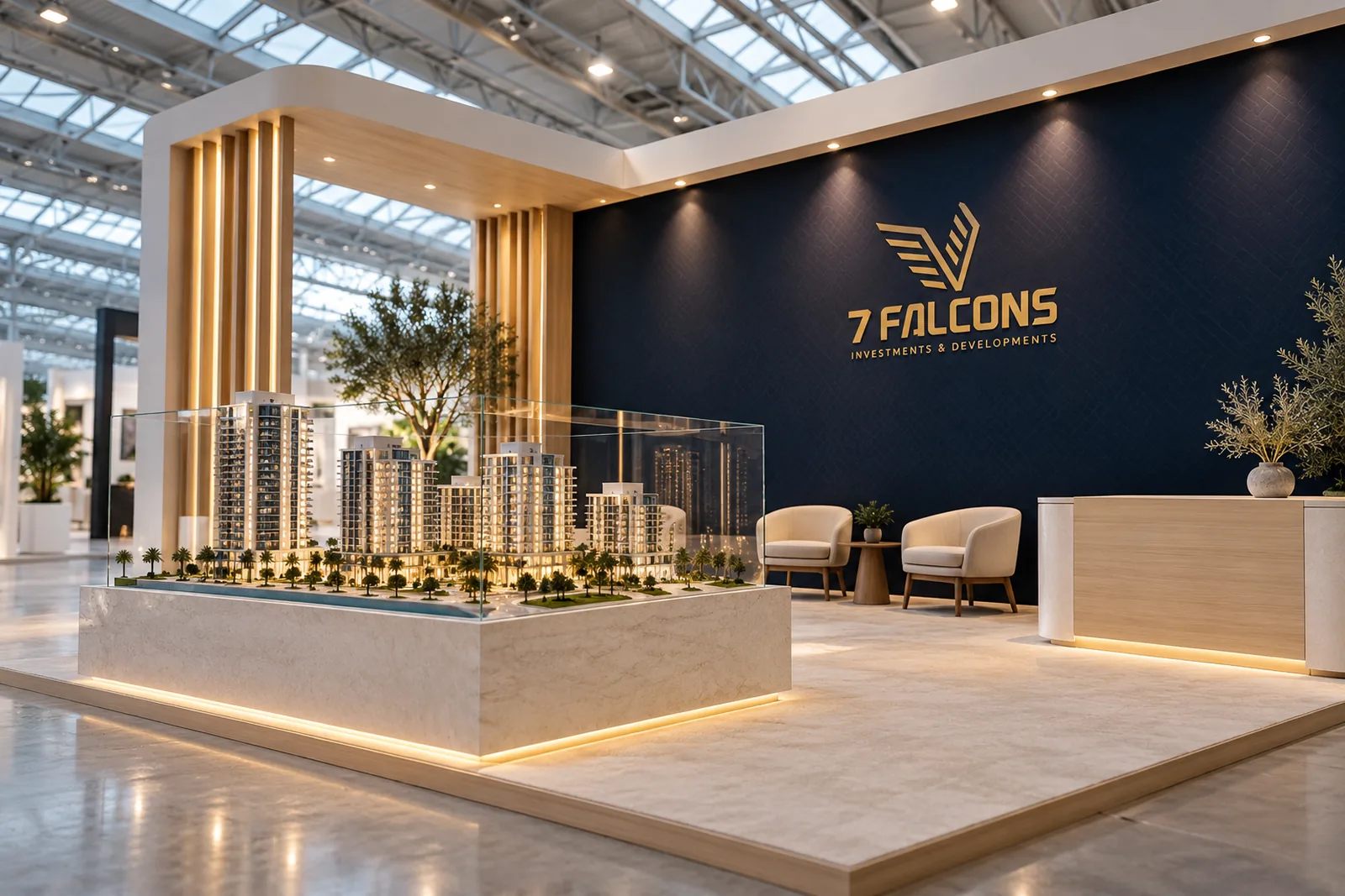 A clean exhibition stand in a bright convention hall with a navy wall carrying the gold 7 Falcons Investment & Developments logo and an architectural model of towers on a stone plinth.