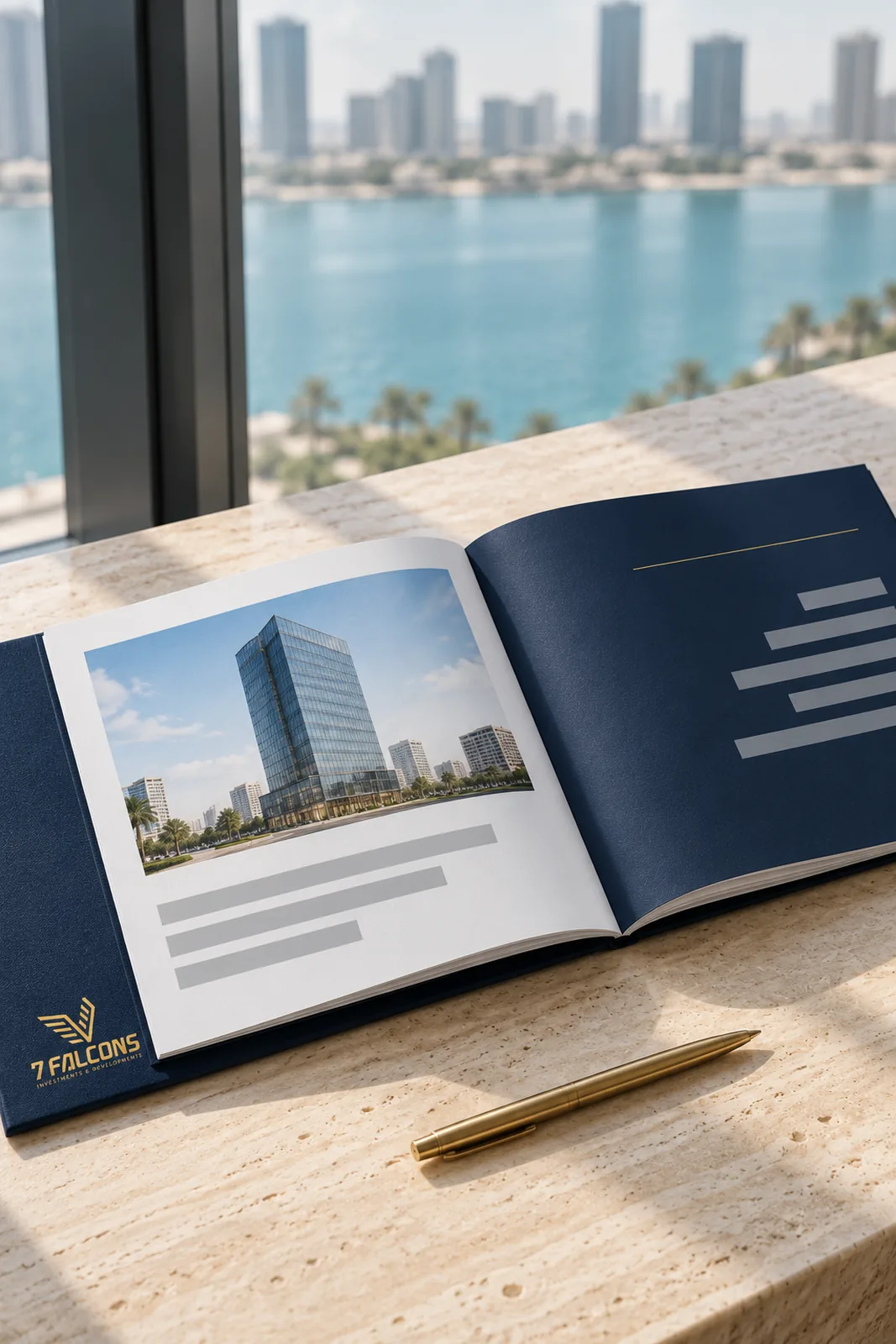 An open navy company profile book with the gold 7 Falcons logo on a pale stone desk beside a window overlooking a soft waterfront view.
