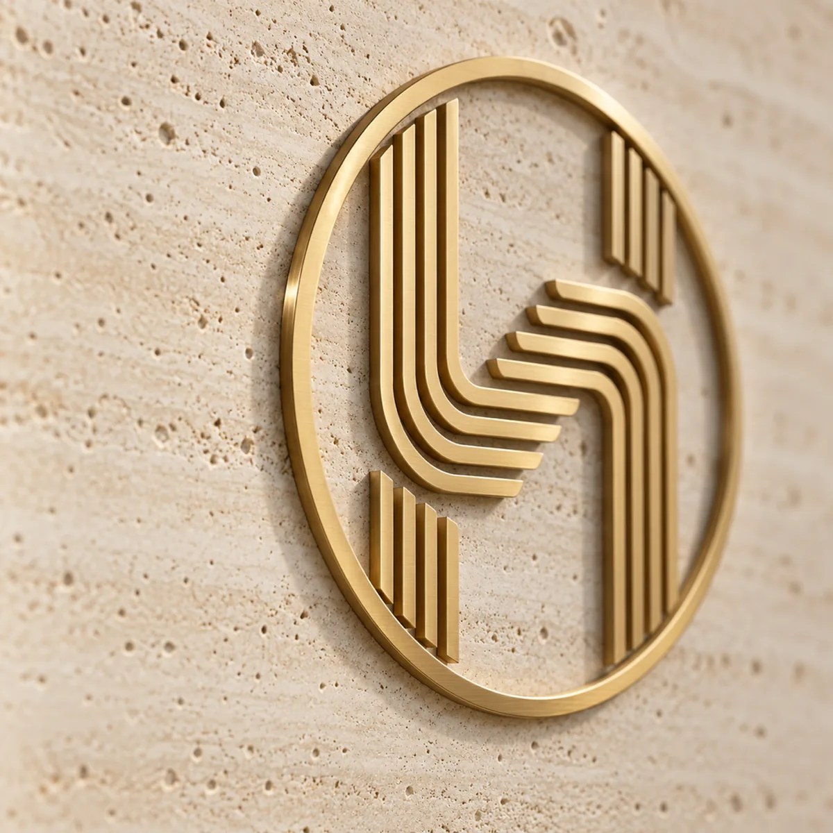 Close-up of the Trus Holding emblem in brushed brass dimensional letters on a travertine wall under raking light.