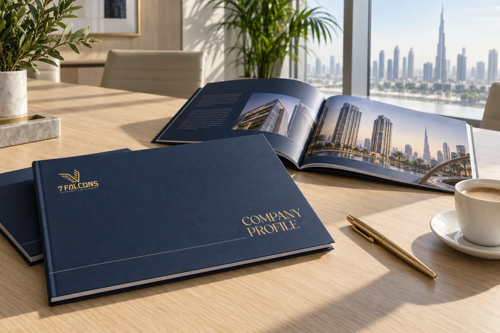 Printed 7 Falcons company profiles, one closed and one open to tower photography, on an oak meeting table