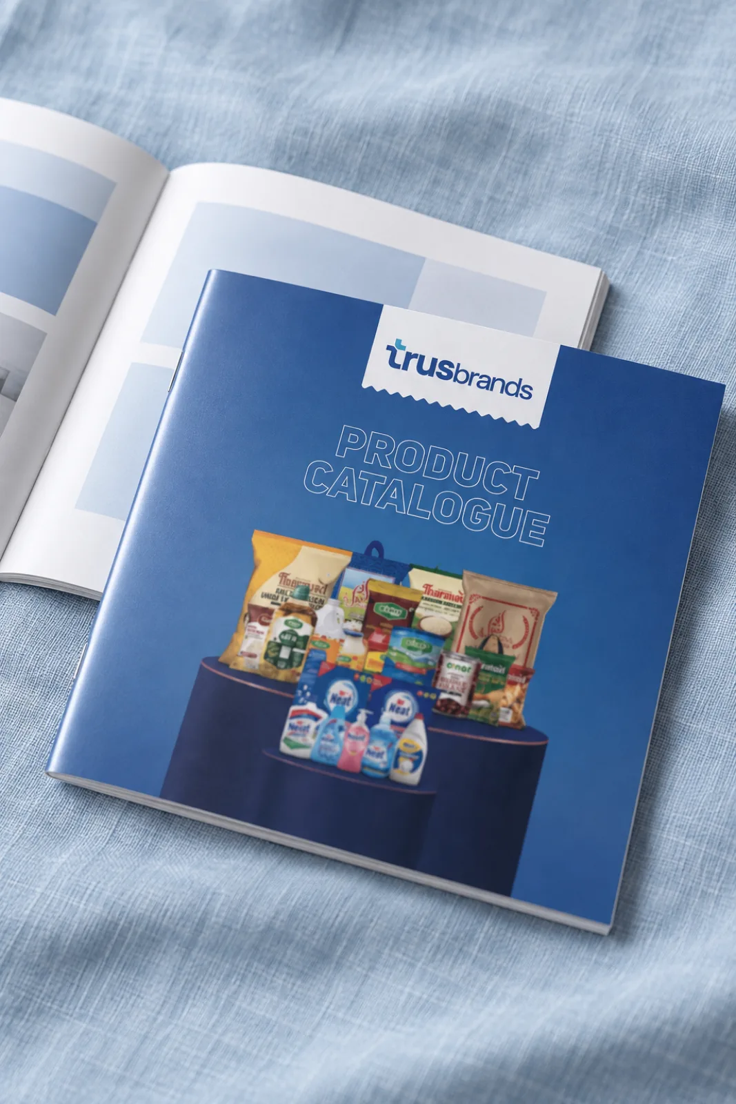 The Trusbrands product catalogue cover lying on blue linen over an open copy