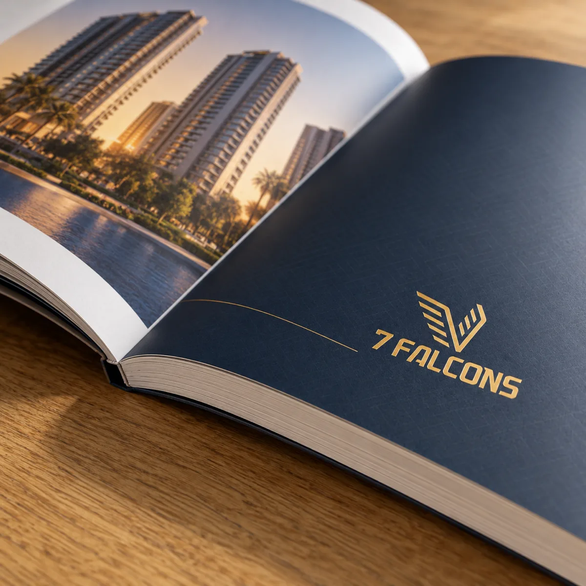 An open 7 Falcons company profile with tower photography and a gold logo on a navy page