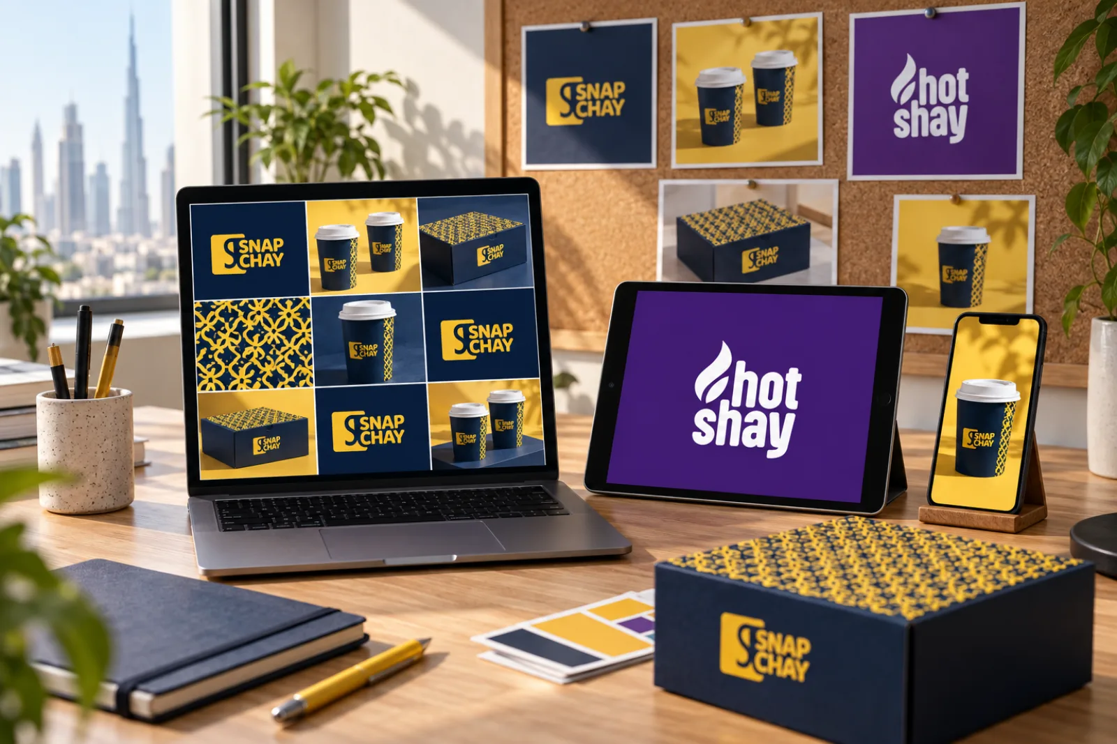 A content desk with a Snap Chay post grid on a laptop and a Hotshay post on a tablet