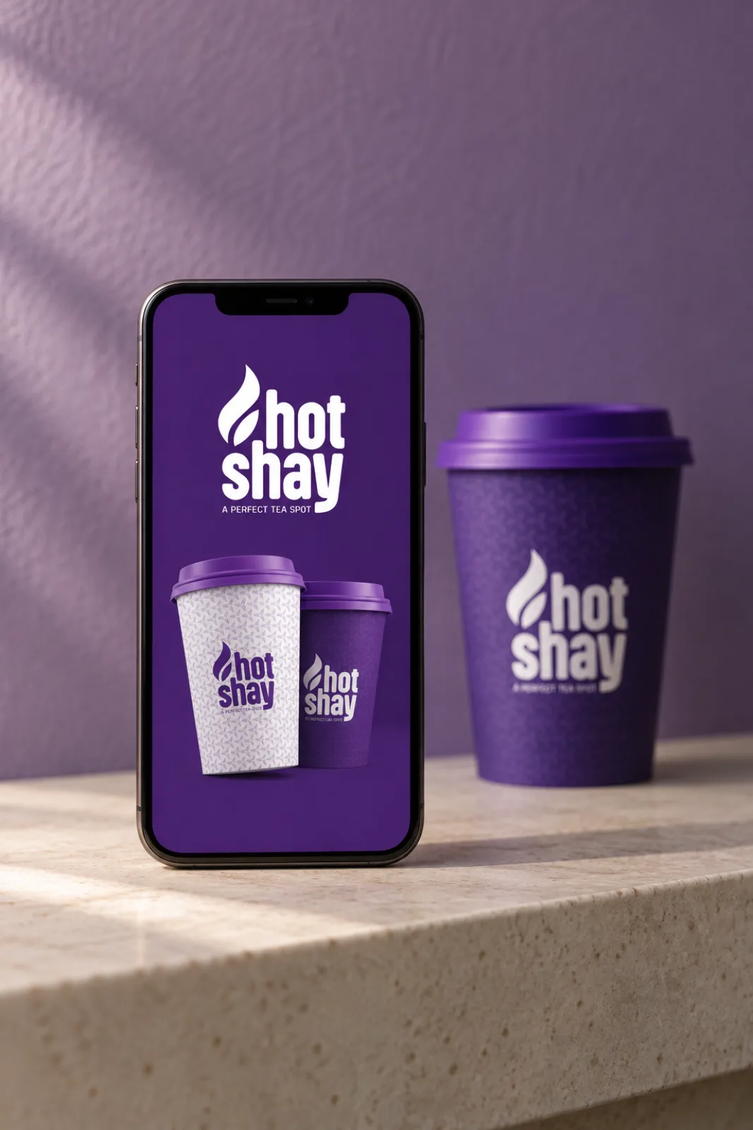 A phone showing a purple Hotshay story beside a Hotshay cup