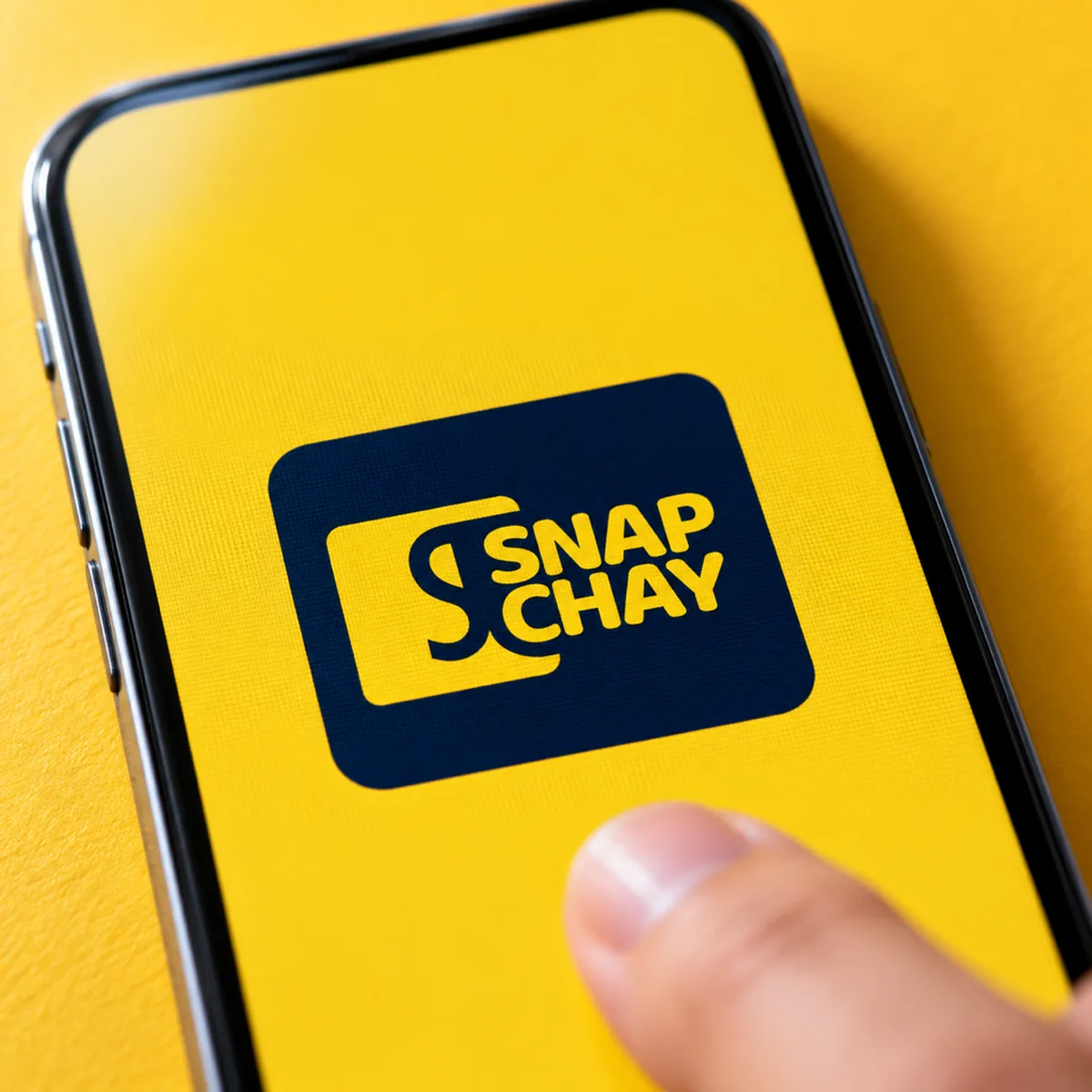 A phone showing a yellow Snap Chay social post with a fingertip below it