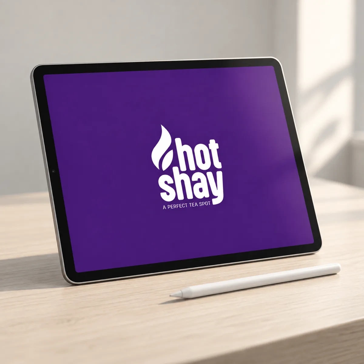 A tablet on a pale desk showing a purple Hotshay social post with a stylus beside it