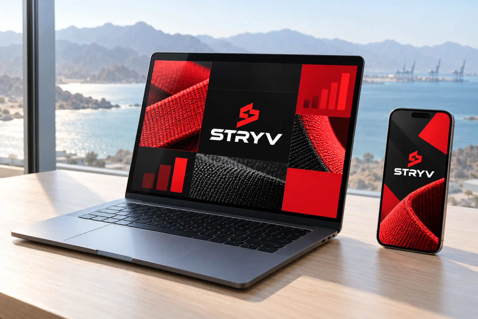 A ad layouts on a laptop and phone for Stryv in a calm setting, with mountains meeting the sea in Fujairah softly in the background.