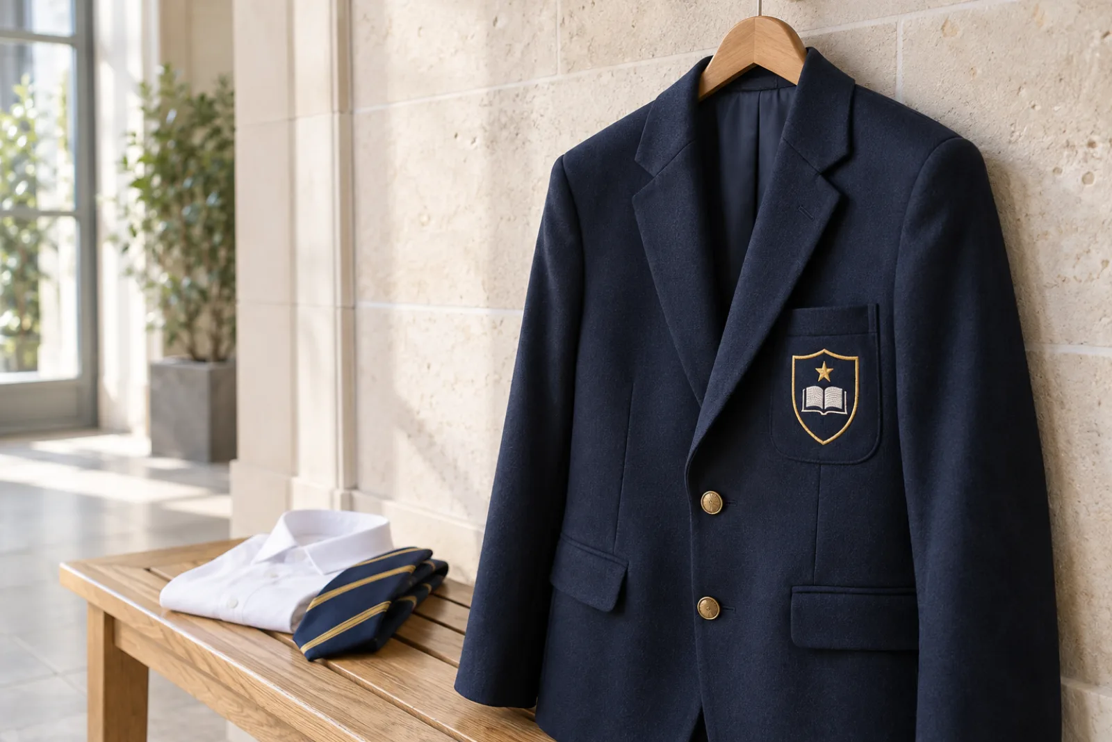 A navy school blazer with an embroidered gold crest on a hanger beside a shirt and striped tie