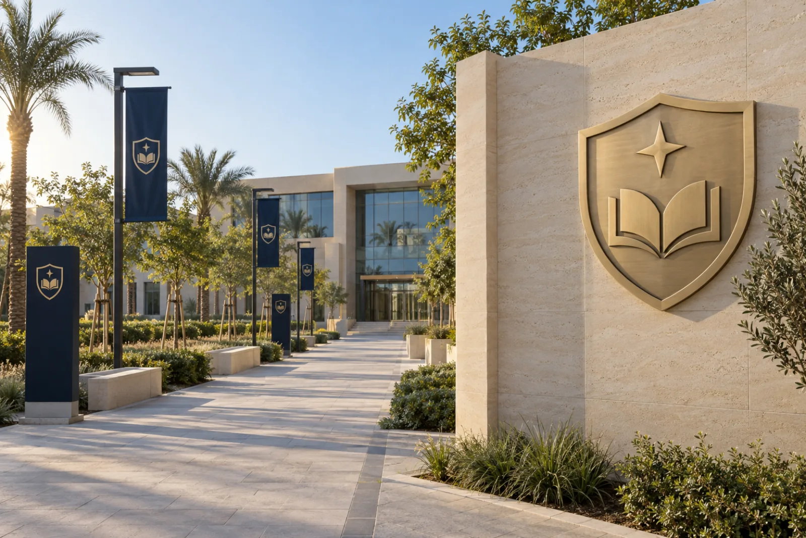 A school entrance wall with a brass crest, navy totems and banners along a tree lined path