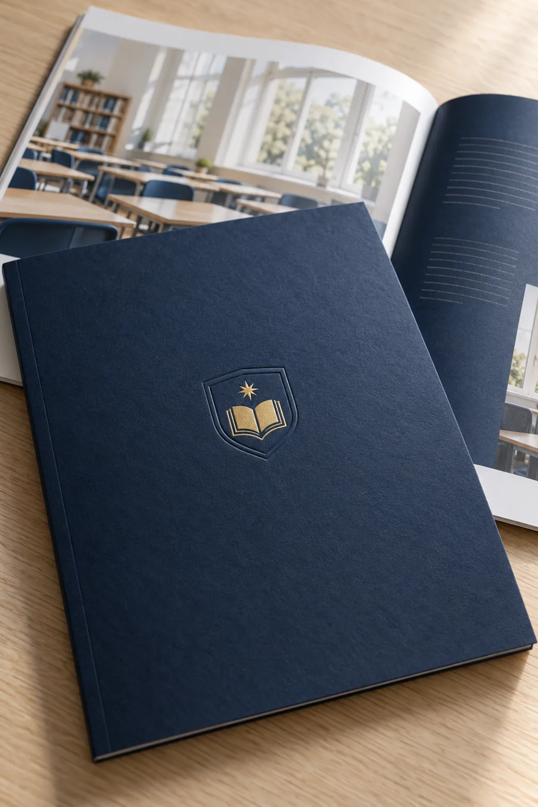 A navy school prospectus with a gold foil crest over an open copy showing a classroom photo