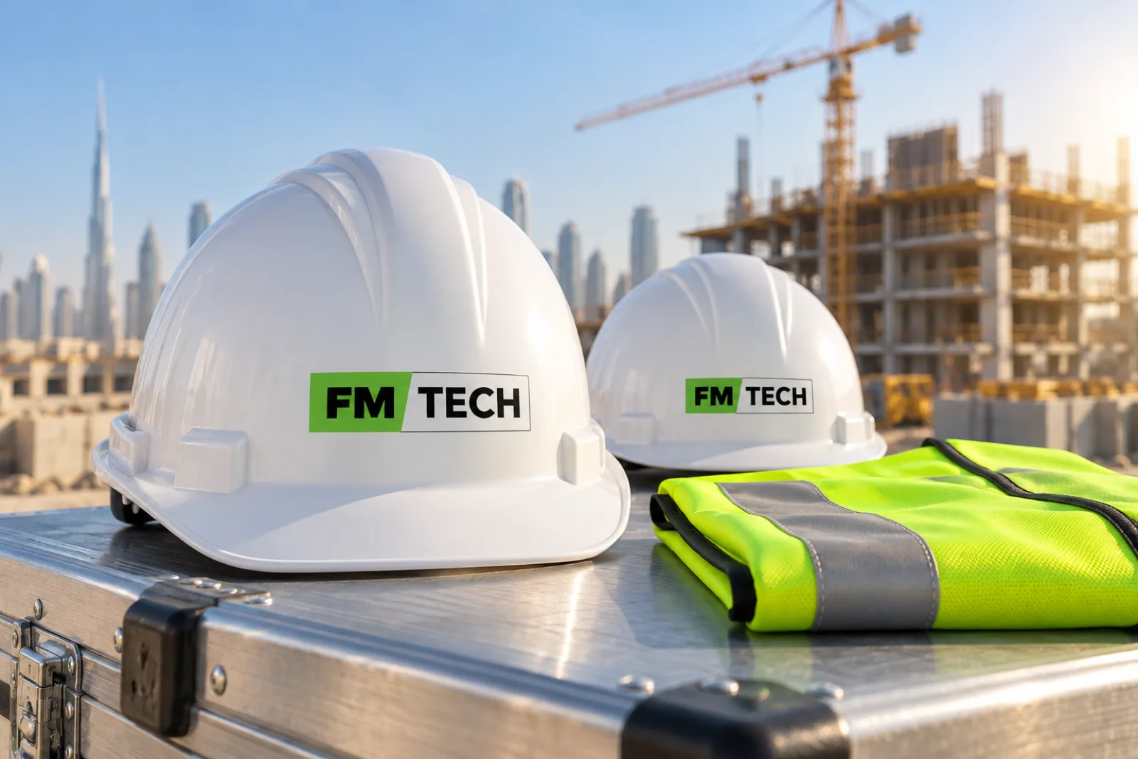 White FMTech hard hats on a steel case at a construction site