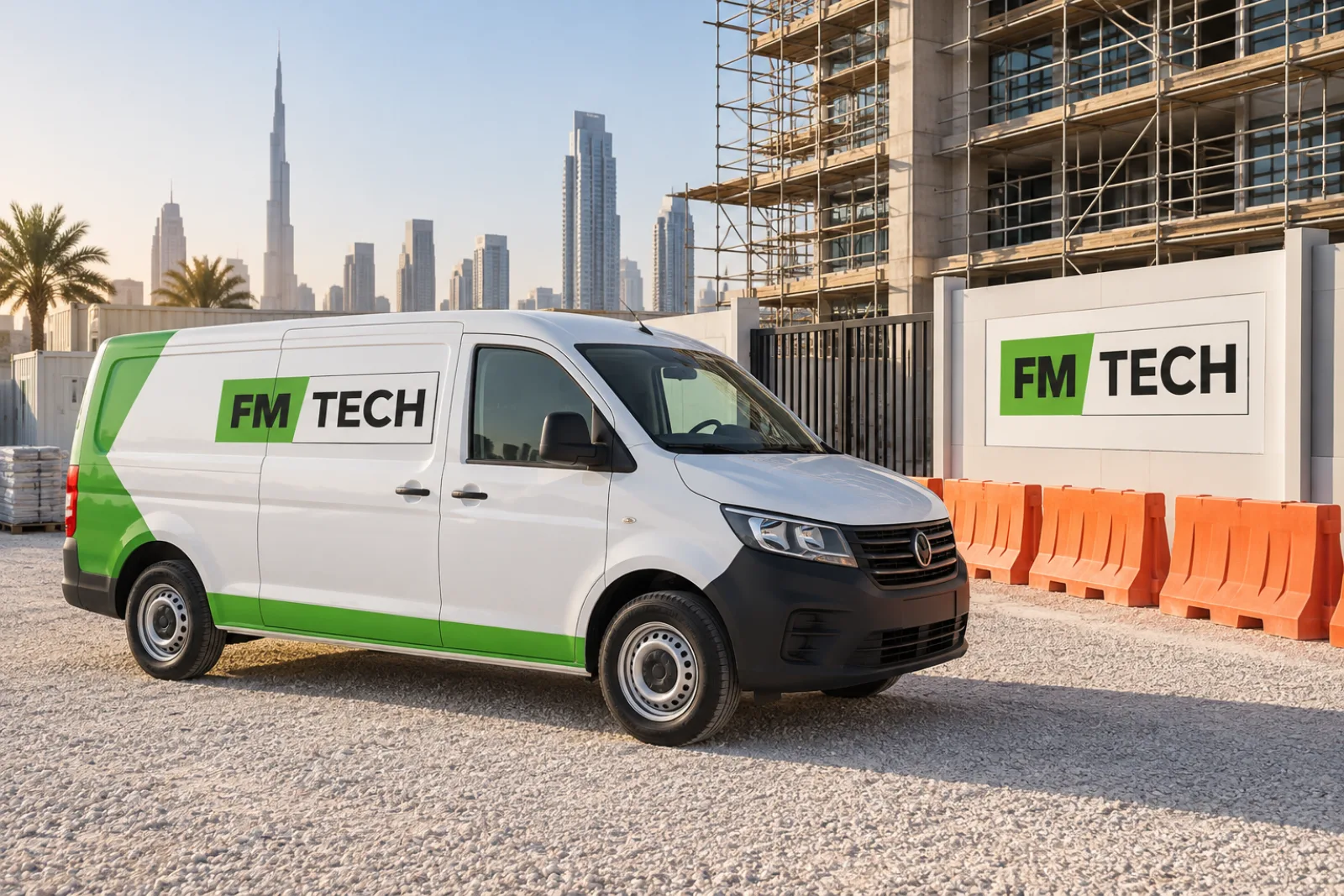 An FMTech service van and site sign at a construction compound