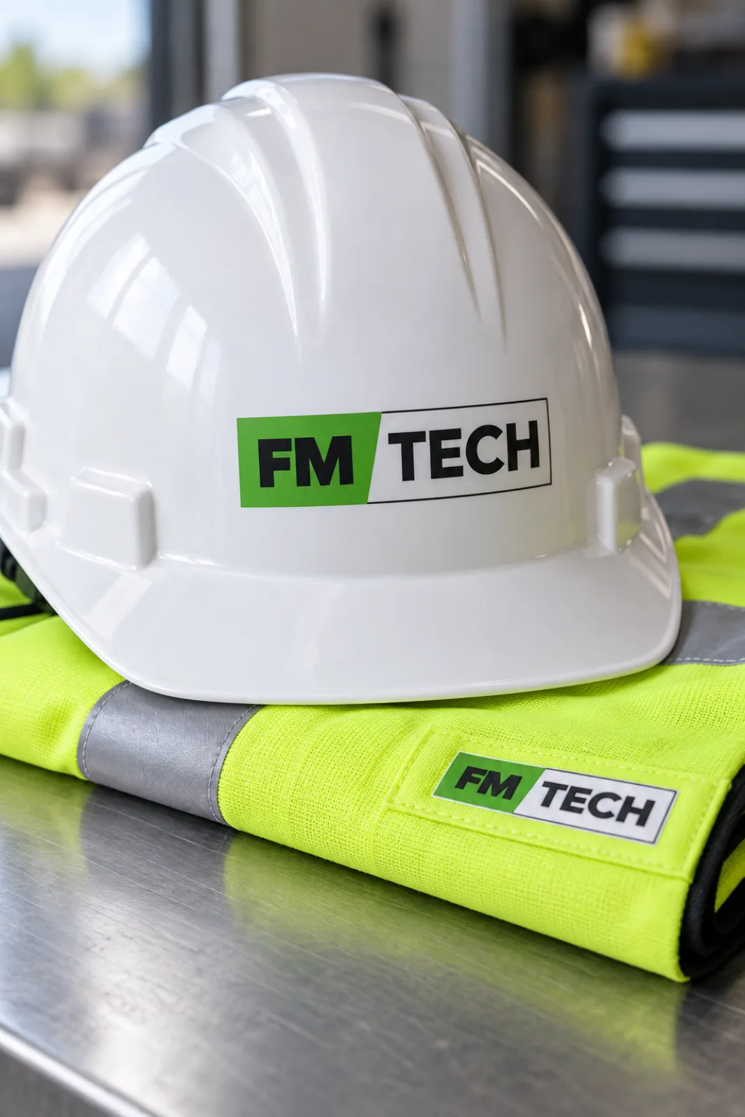 An FMTech hard hat resting on a high visibility vest on a workbench