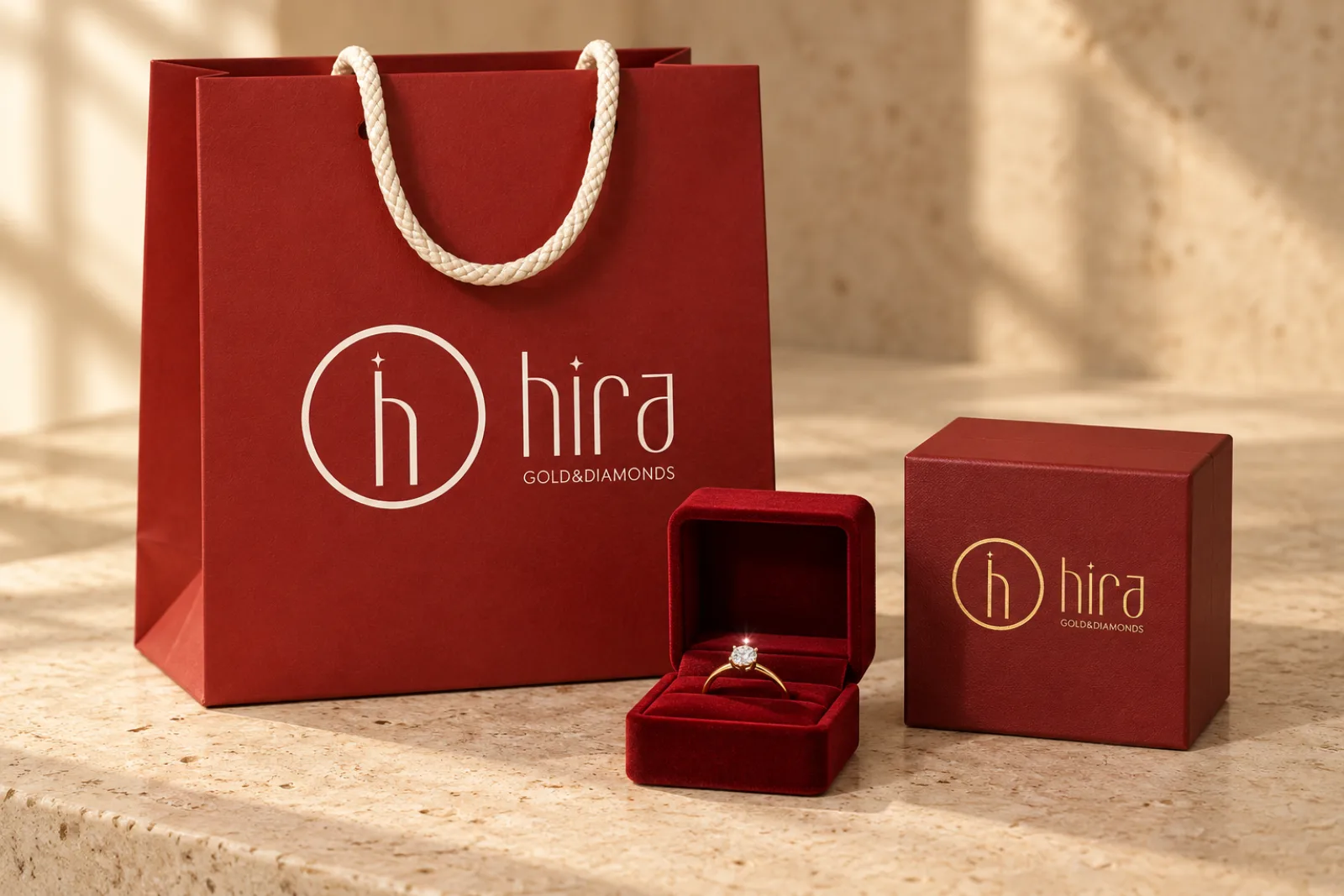 A crimson Hira Gold & Diamonds shopping bag with an open ring box and a gift box on travertine