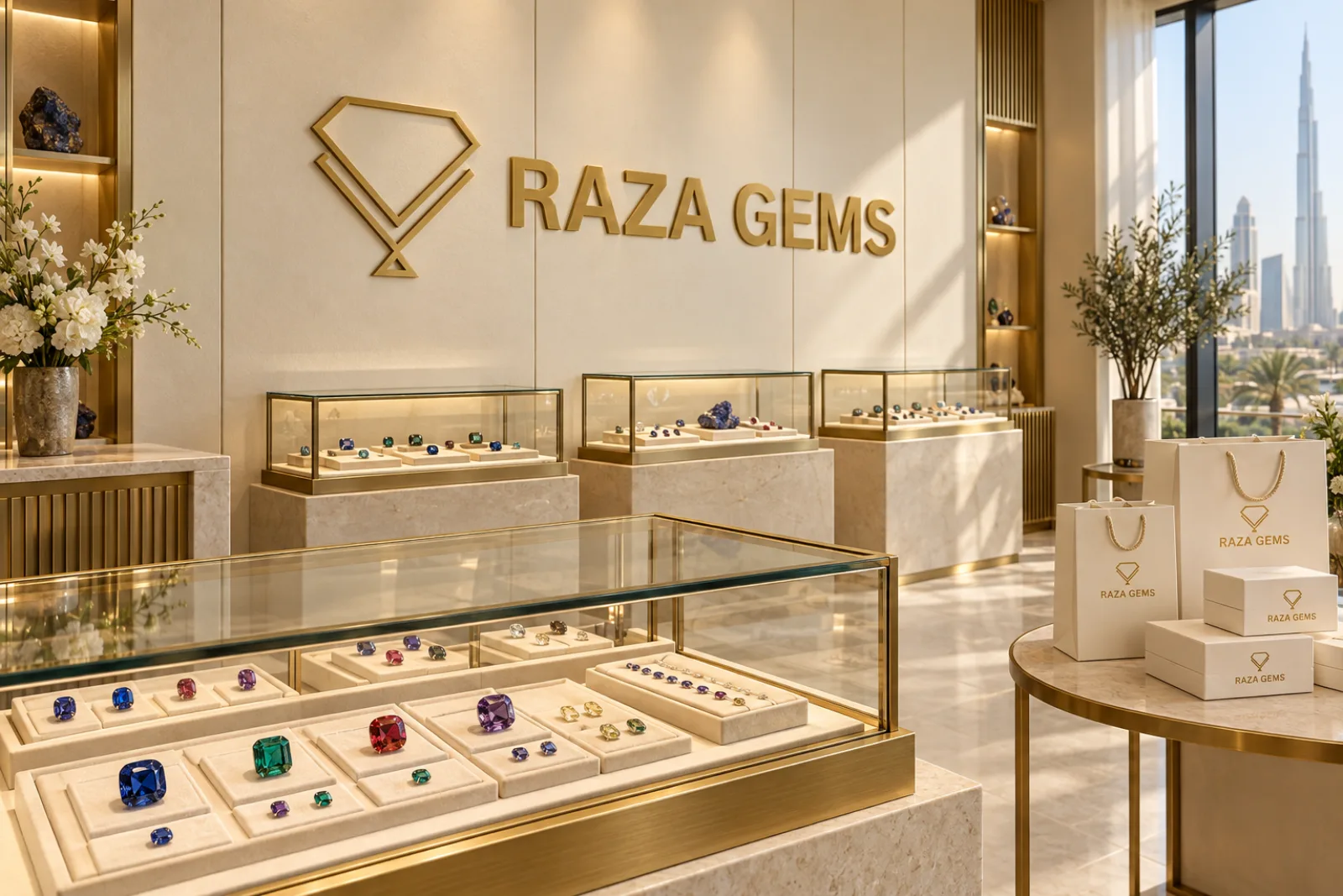 A Raza Gems boutique with a gold logo wall, glass display cases and gift boxes