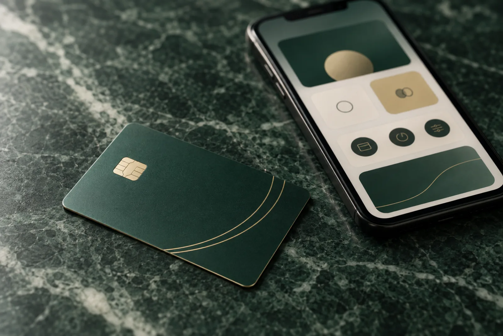 An emerald metal payment card beside a phone showing a calm app layout on green marble