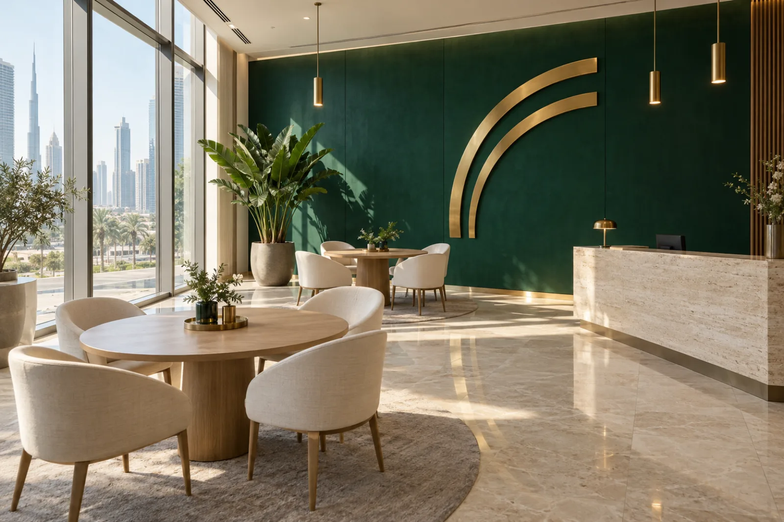A bank branch with a brass mark on an emerald feature wall and oak consultation tables