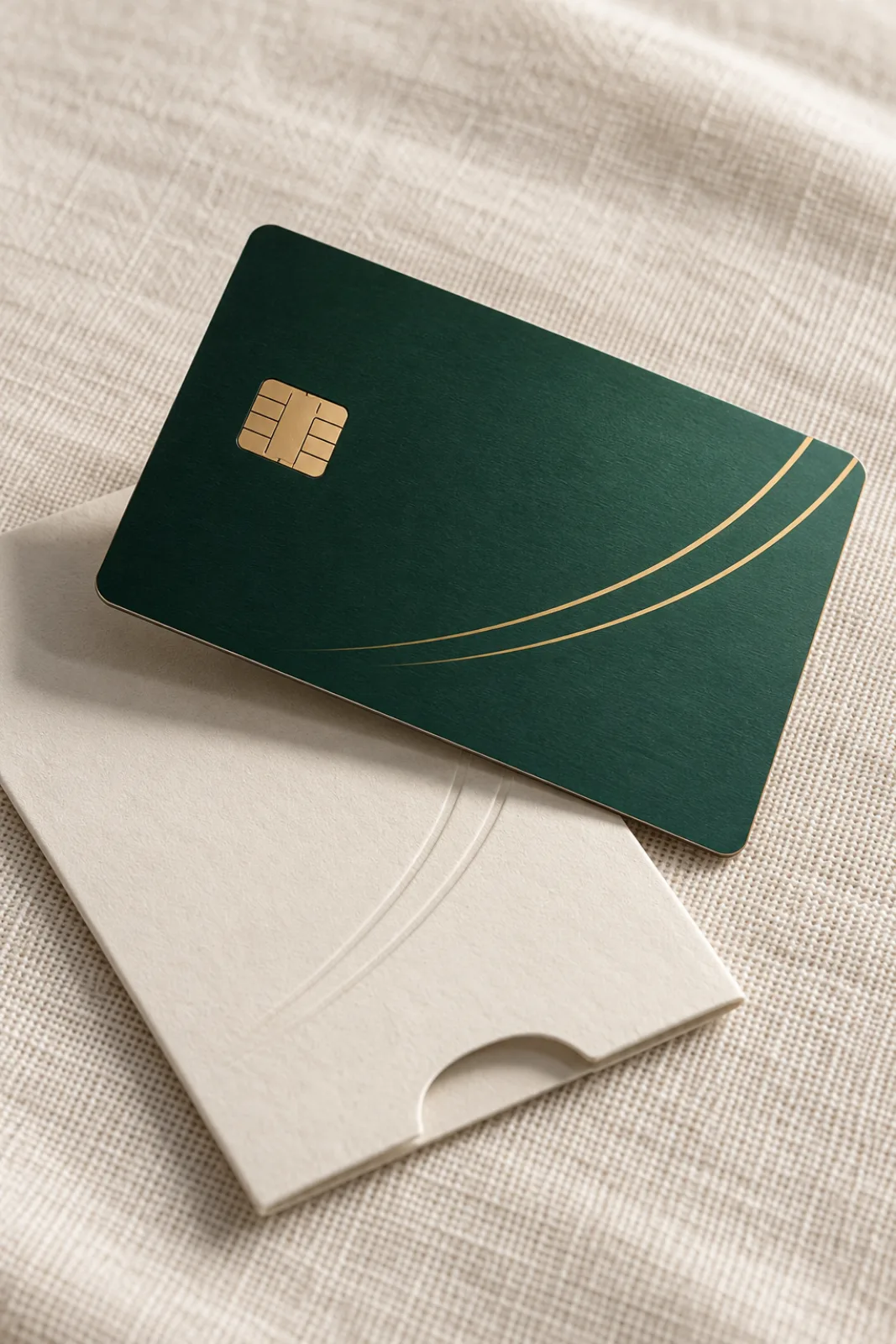 An emerald metal card above an ivory sleeve with an embossed mark on linen