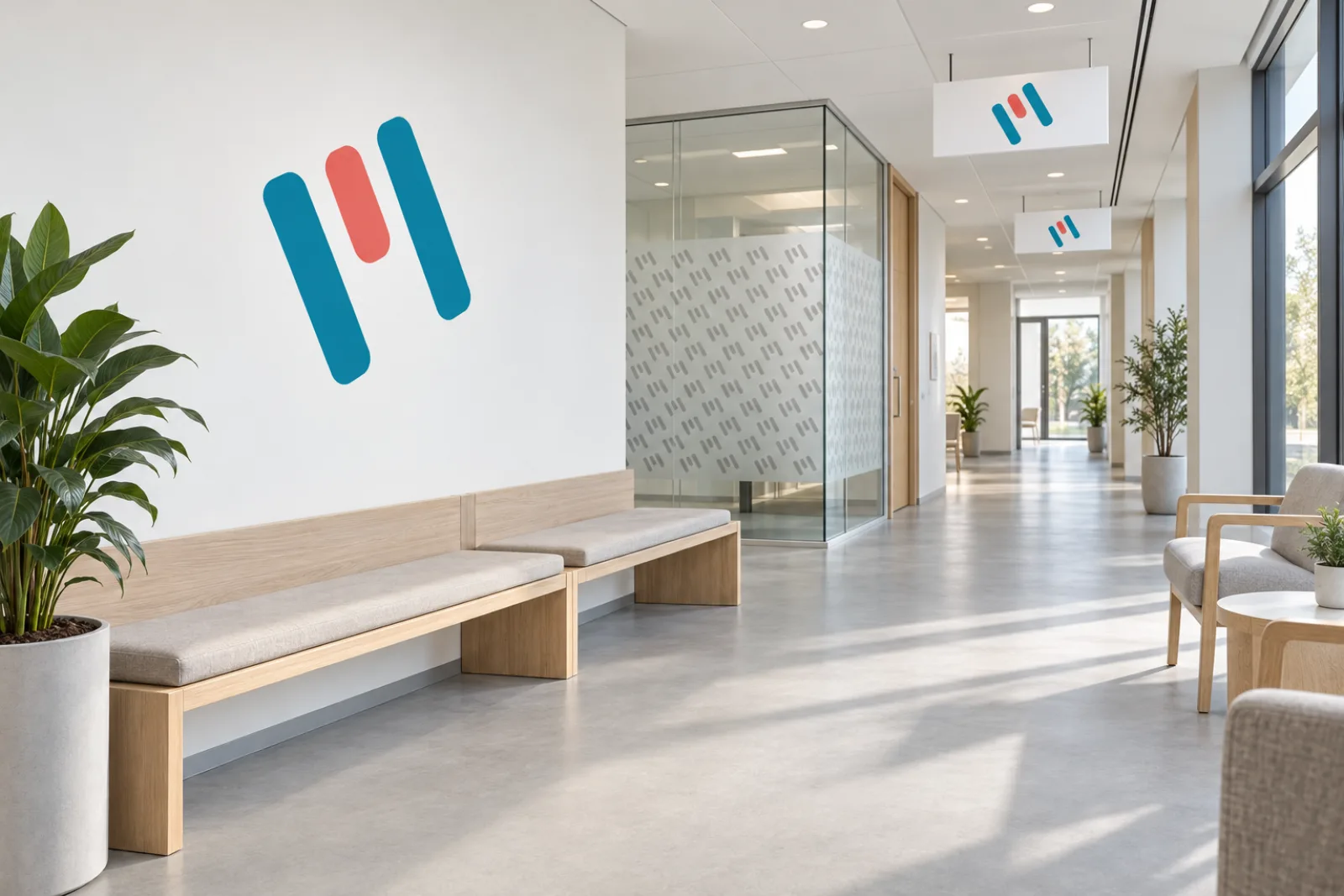 A bright Mednoora clinic waiting area with a large symbol wall graphic and patterned glass