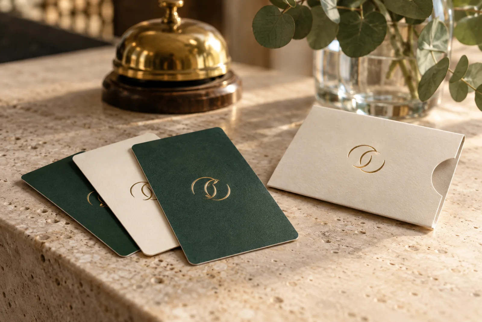 Green and ivory hotel key cards with a gold monogram and a key card sleeve on a travertine desk