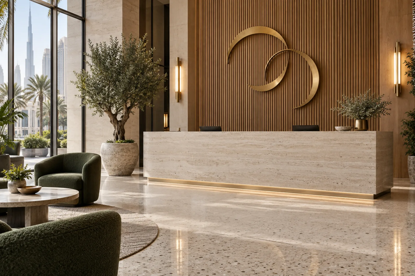 A boutique hotel lobby with a brass monogram on a fluted oak wall behind a travertine desk
