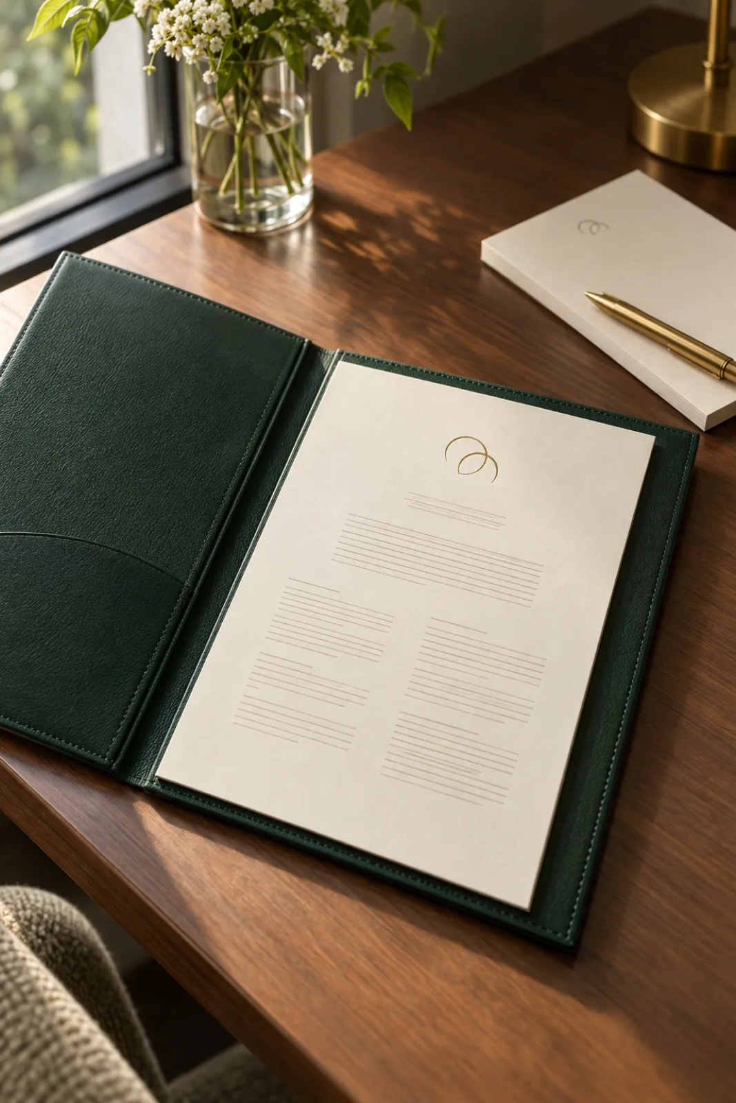 A green leather room directory open on a desk with a gold monogram on the insert