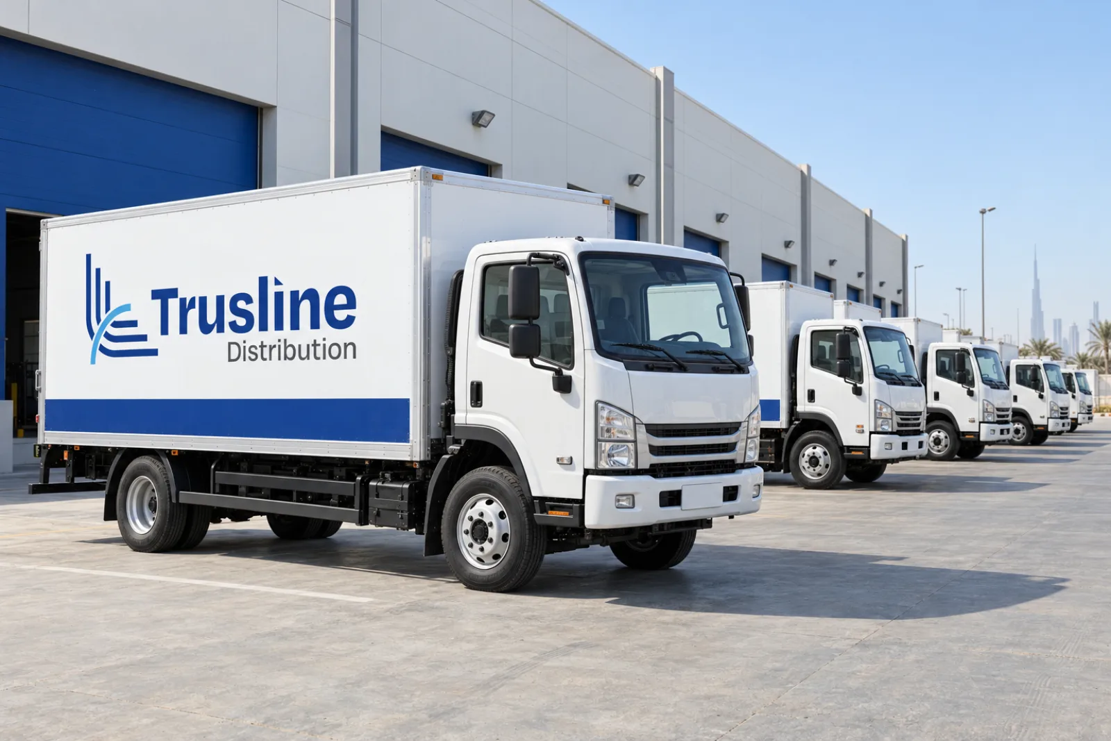 A row of white Trusline Distribution trucks with blue livery at a logistics depot