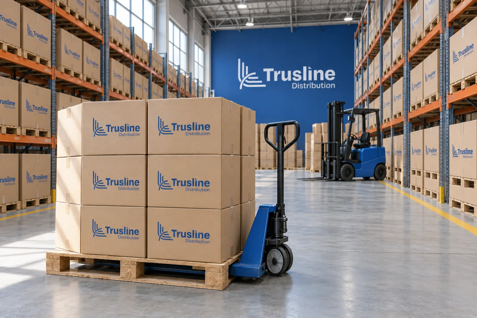 A Trusline Distribution warehouse with branded cartons on racking and a logo wall