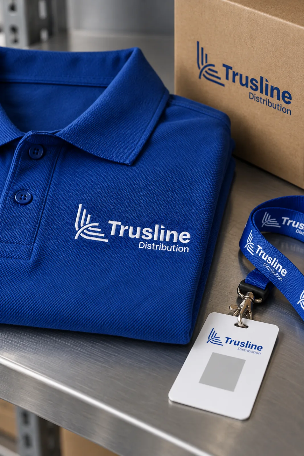 A blue Trusline Distribution polo, ID card and carton corner on a steel shelf