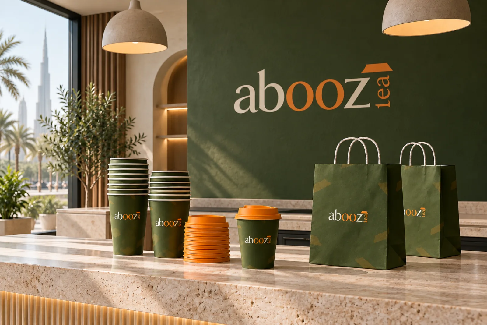 The Abooz logo on a green cafe wall with branded cups and bags on the counter