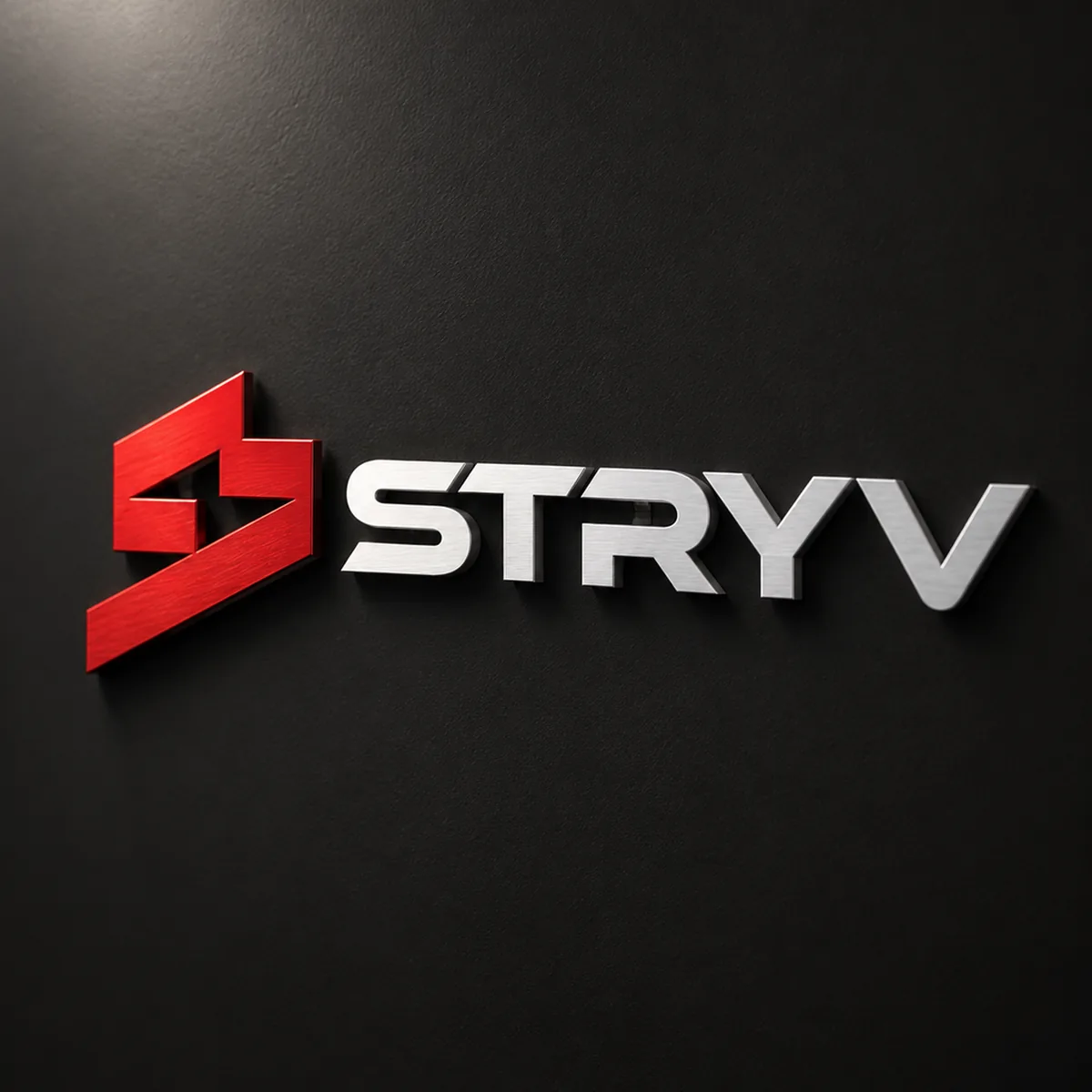 A cut-out metal STRYV logo in red and steel on a matte black wall