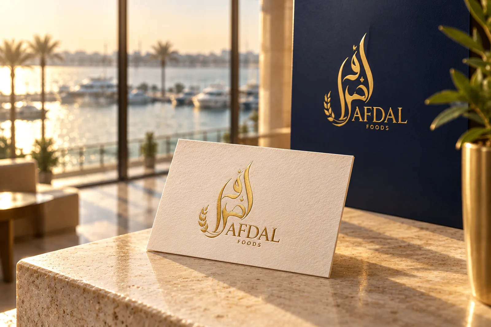 The Afdal Foods logo foil-stamped on a thick cream card beside a brand sign panel, with Ajman softly visible through a window.