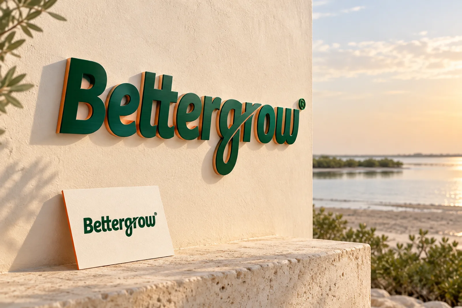 A dimensional logo sign and embossed business card for Bettergrow in a calm setting, with a quiet lagoon edge in Umm Al Quwain softly in the background.