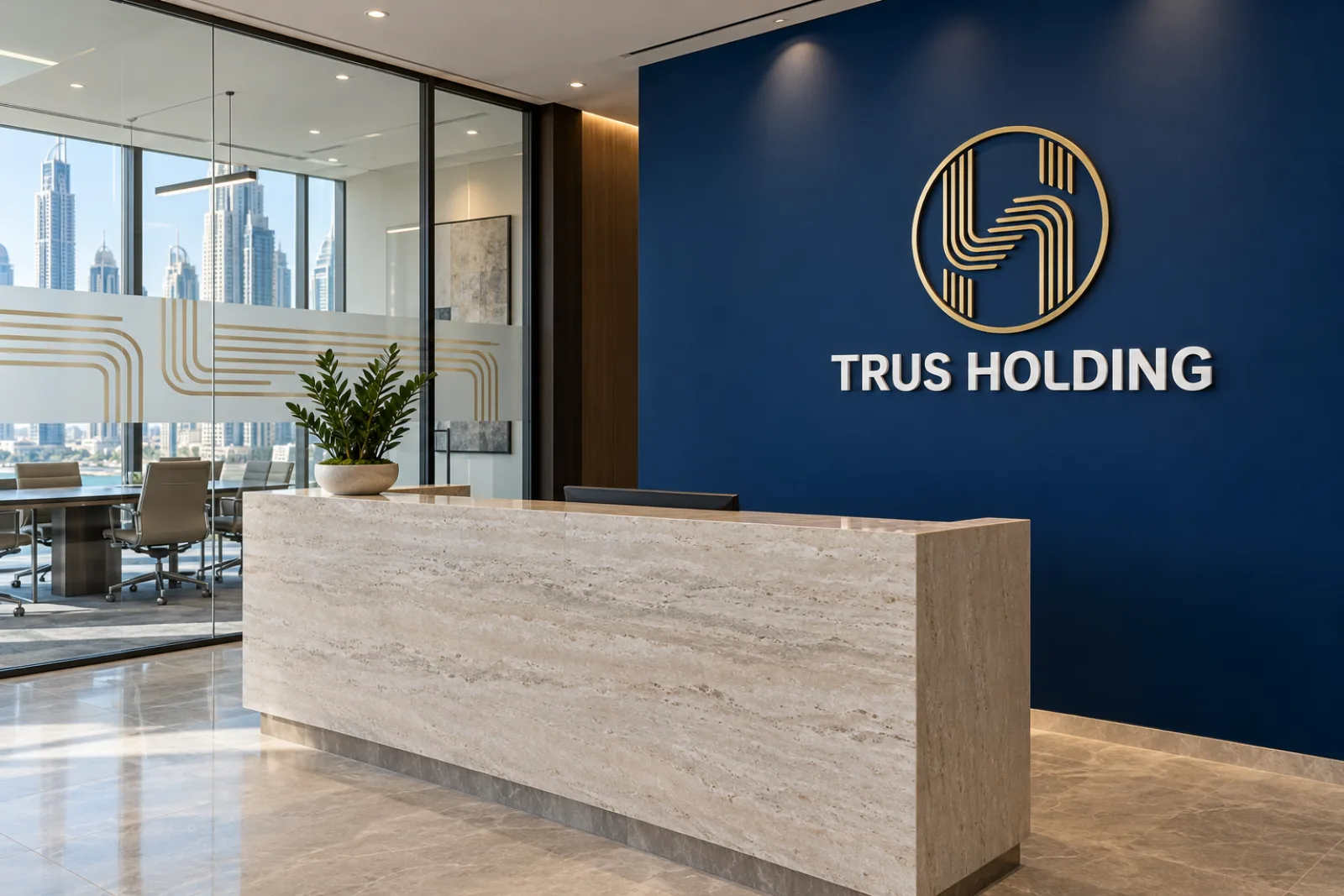 A Trus Holding reception with a navy logo wall and frosted glass meeting rooms