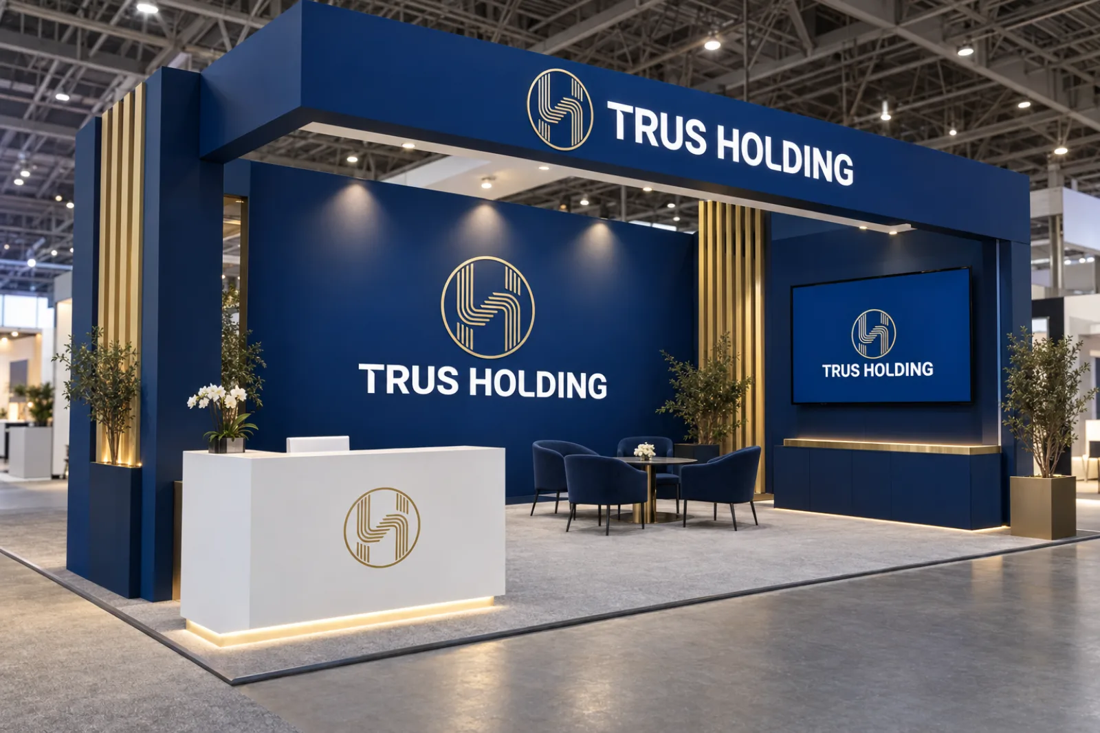 A Trus Holding exhibition stand with a navy back wall, lit header and meeting area