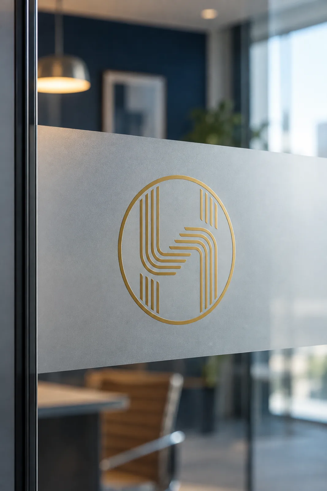 The Trus Holding emblem cut in frosted vinyl on an office glass partition