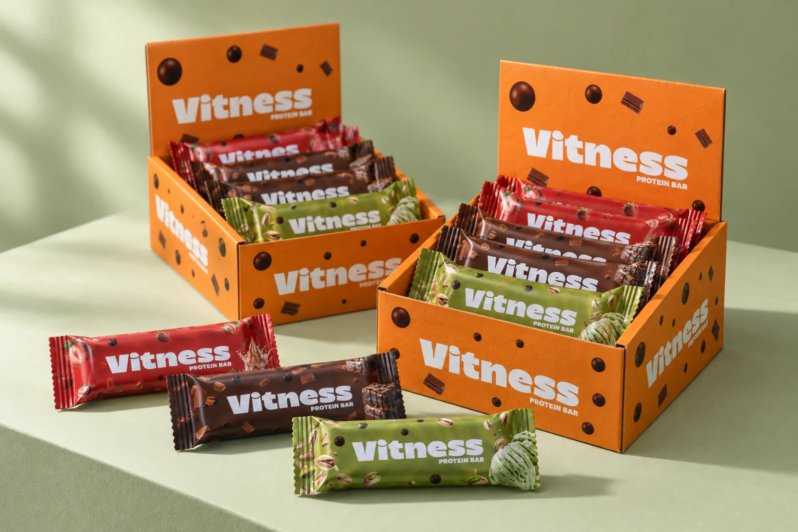 Vitness display boxes of sealed protein bars on a sage plinth