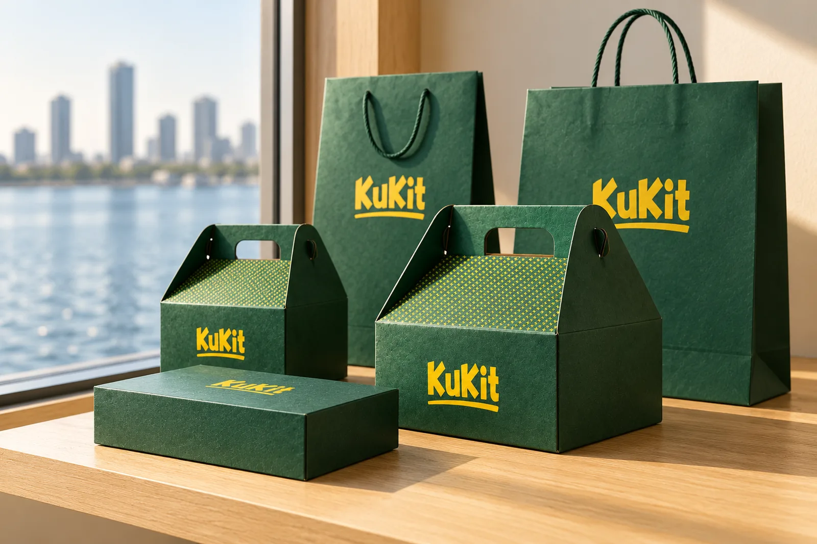 KuKit branded boxes and carrier bags on a minimal shelf beside a window onto Abu Dhabi.